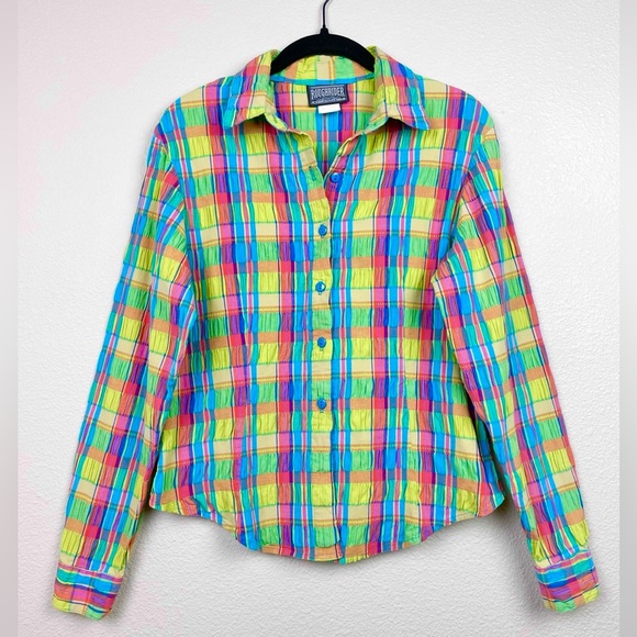 VTG Junior's Medium Roughrider by Circle K Rainbow Plaid Collared Shirt Smocked - Picture 1 of 16